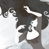 illustration of woman with long dark hair emerging from clouds