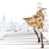 A drawing of a fashion oriented woman walking on stairs outside of a city.