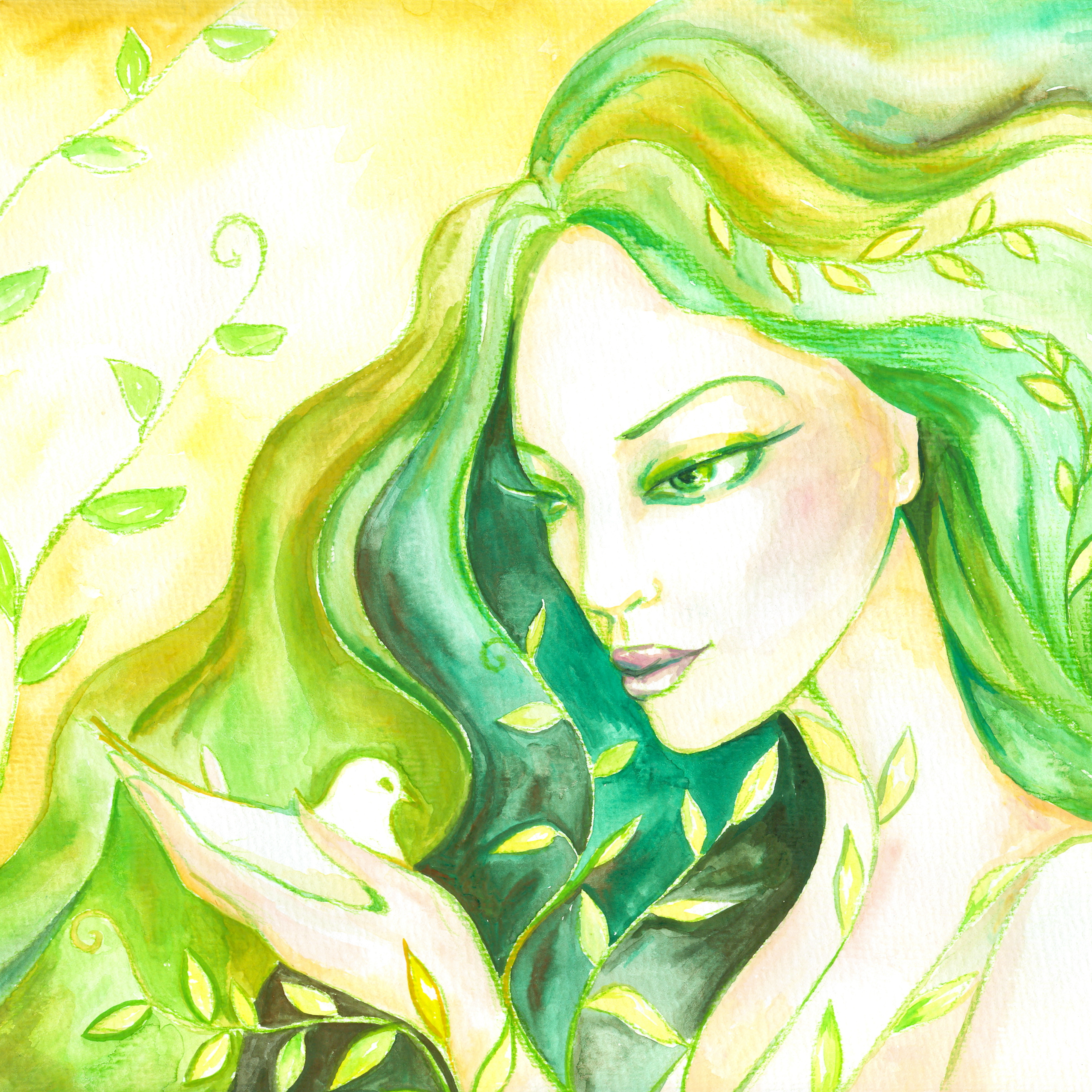 painting of a woman with long green hair holding a dove