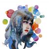 Abstract watercolor portrait of young woman with a long hair with a rainbow colored circles on background isolsted