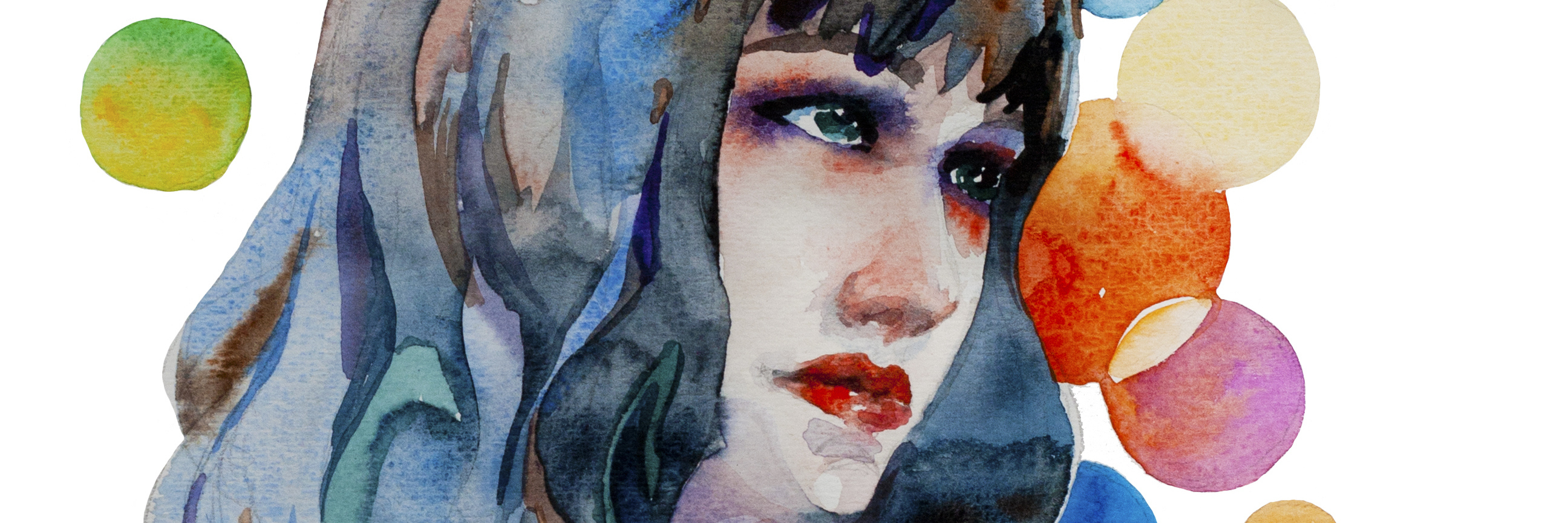 When Anxiety Makes You Want to Apologize for Absolutely Everything Abstract watercolor portrait of young woman with a long hair with a rainbow colored circles on background isolsted