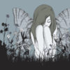 young woman with wings sitting in solitude in an overgrown field