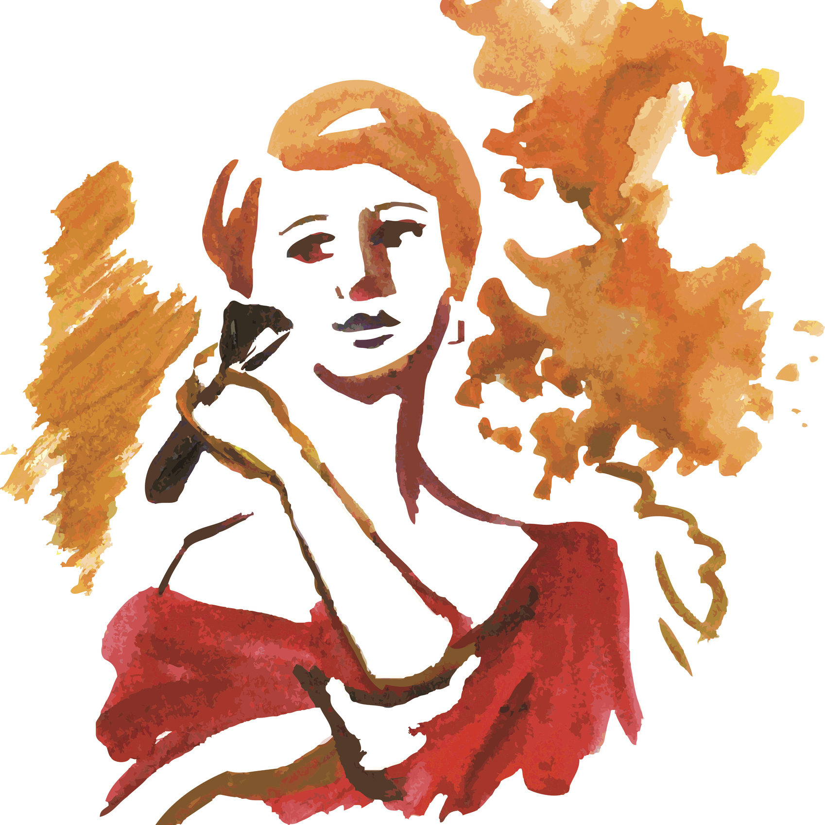 watercolor painting of woman in red dress putting on blush
