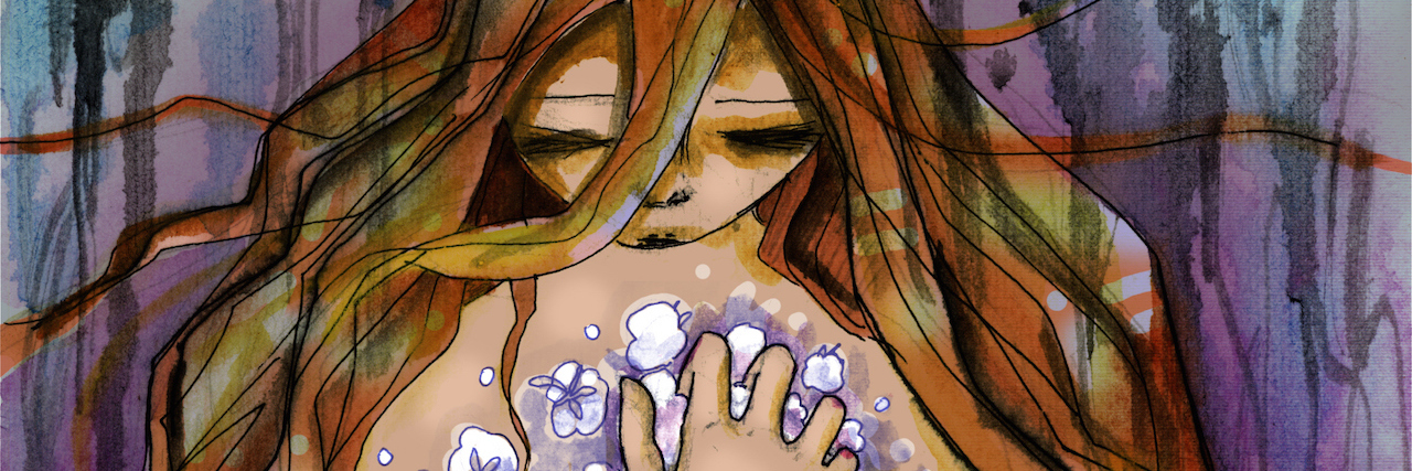 Demoting My Critical Voice Helped Me Lessen My Anxiety illustration of a woman pulling flowers to her chest