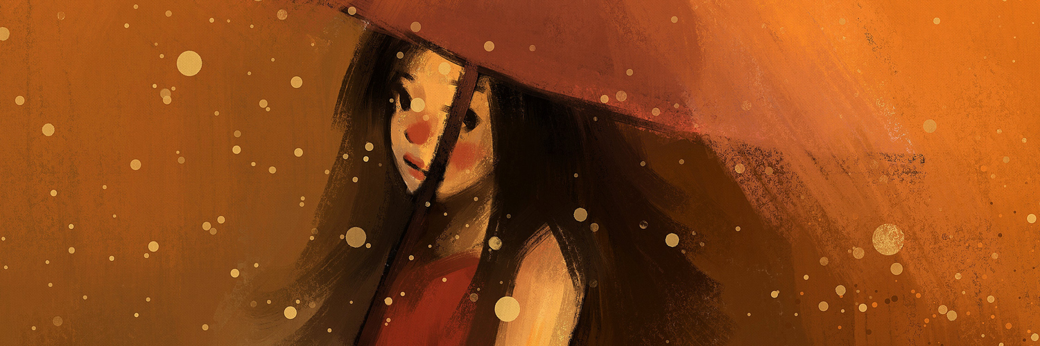 illustration of a girl in a red dress carrying an umbrella