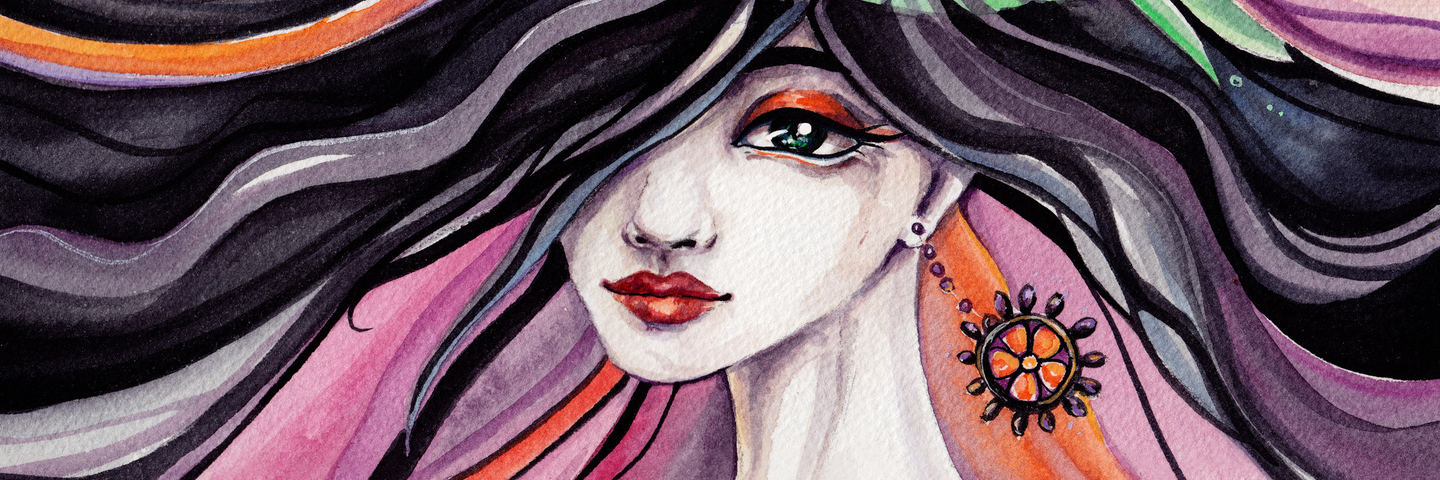 Letter to Lupus on the First Anniversary of Diagnosis painting of a woman with long colorful hair