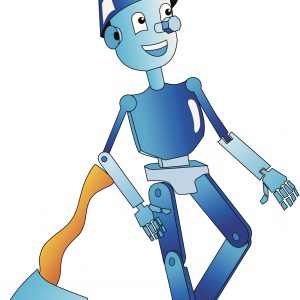 An illustrated tin man with a wooden ax.