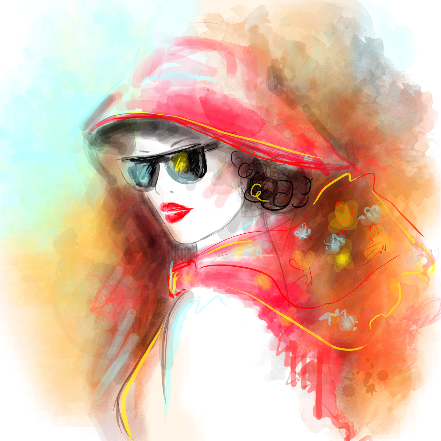 watercolor painting of a woman wearing a hat and sunglasses