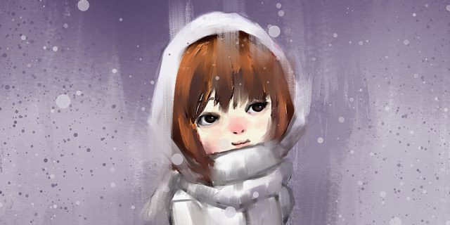 digital painting of girl in wintertime , oil on canvas texture