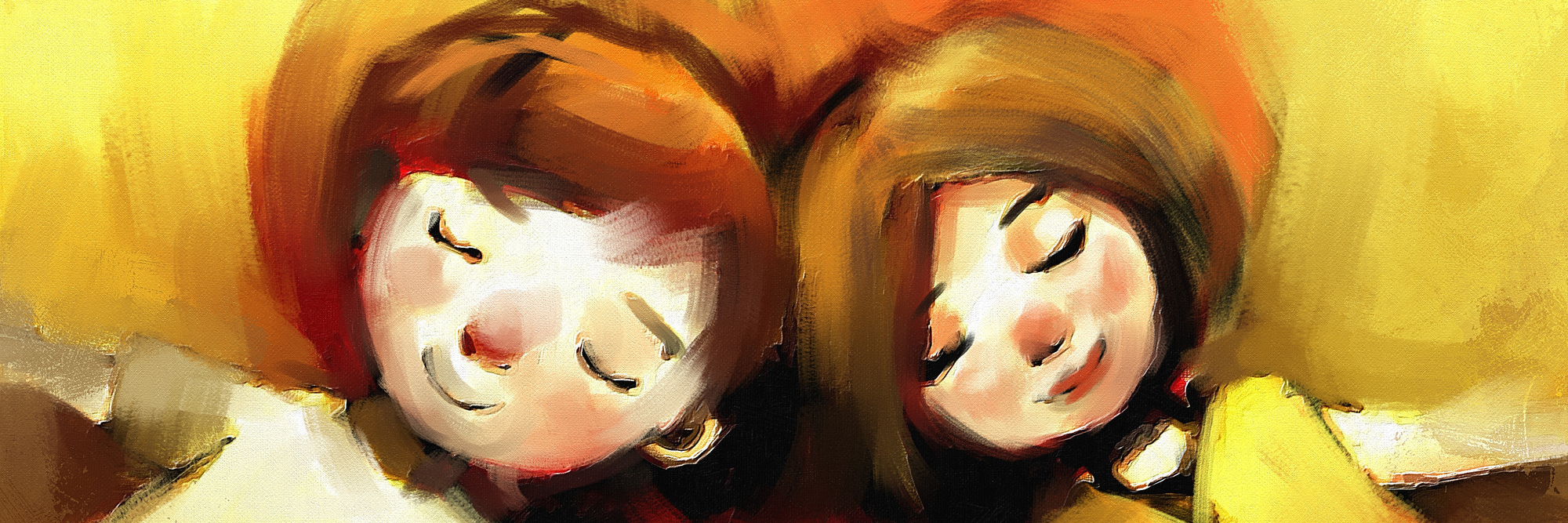 digital painting of young couple sleeping with heart shaped pillow, oil on canvas texture