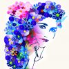 watercolor painting of a woman with blue and pink flowers around her head