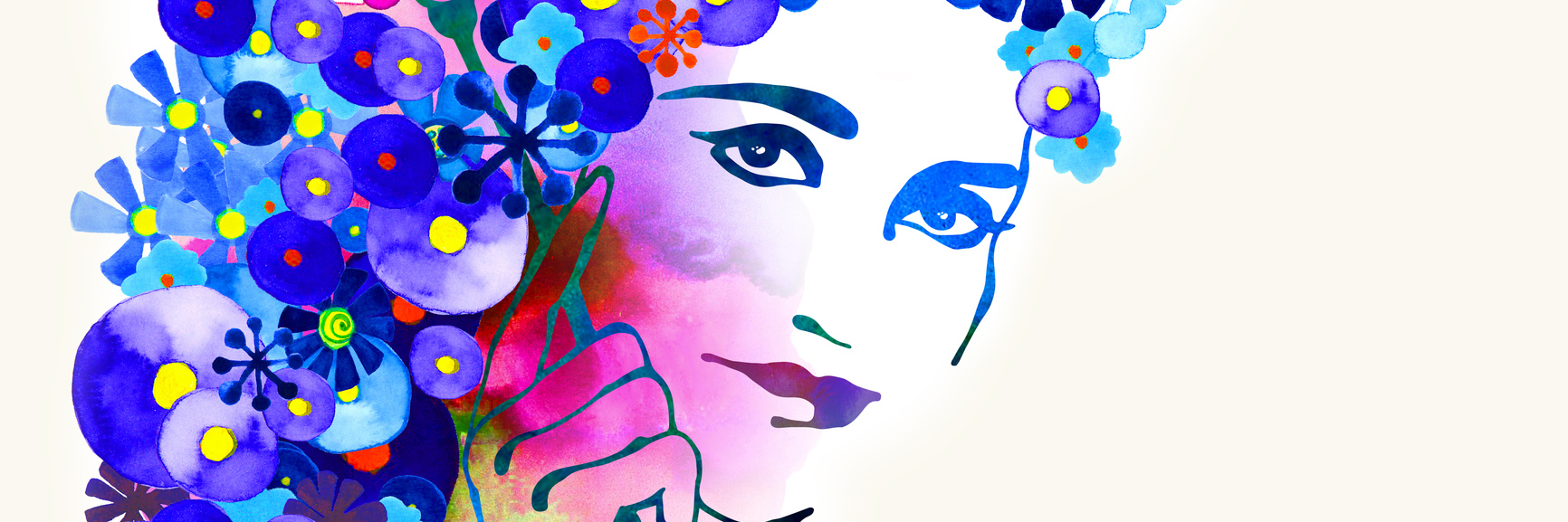 watercolor painting of a woman with blue and pink flowers around her head