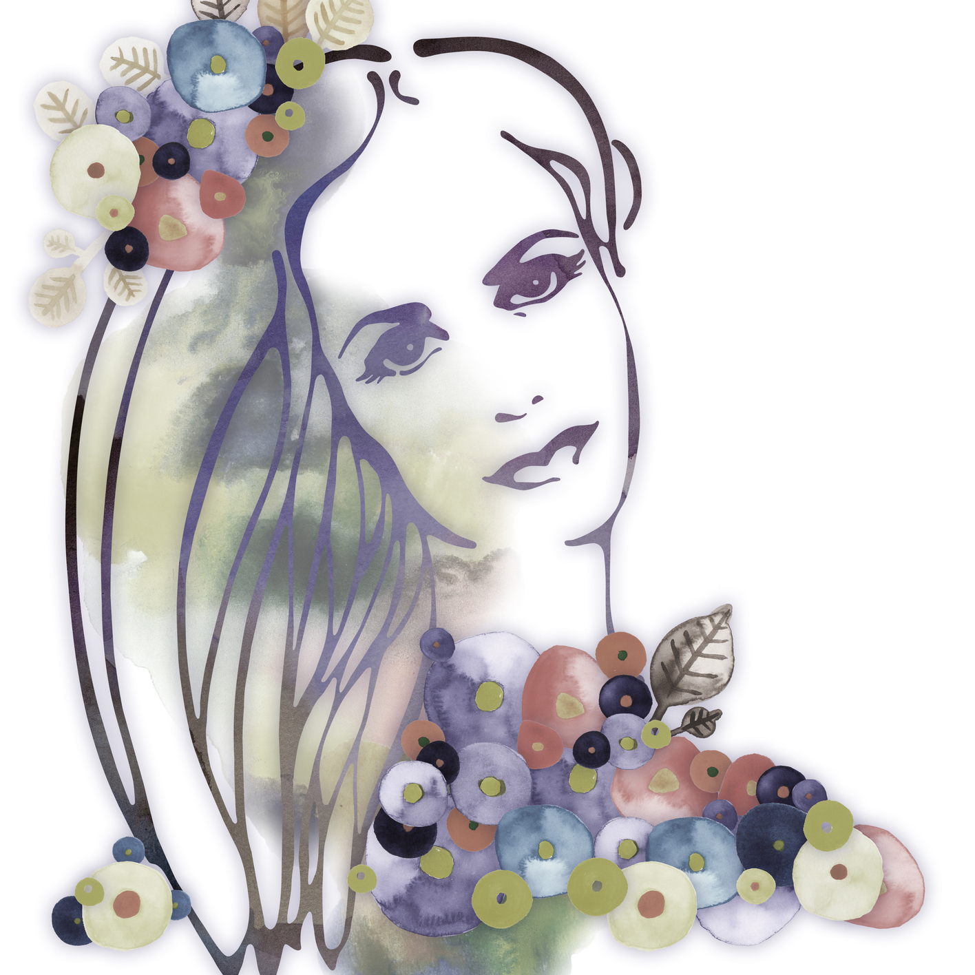 illustration of woman with flowers around her neck and hair