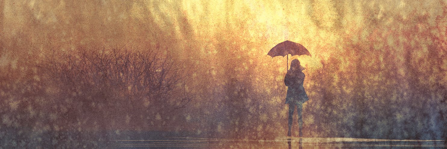 Illustration of woman standing with umbrella in the rain