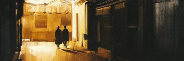 couple walking in alley at night painting