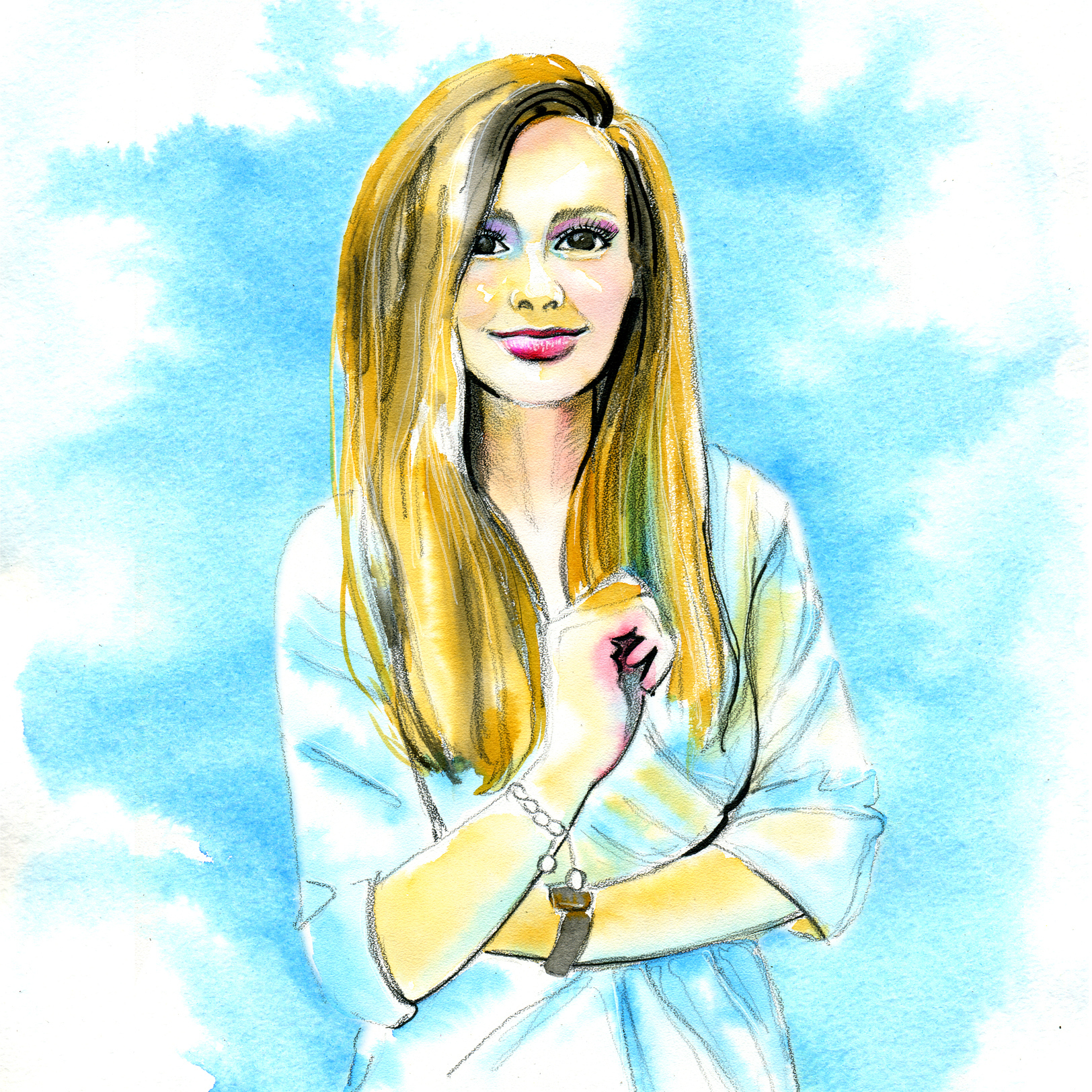 watercolor illustration of a woman against a blue background