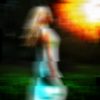 Glitch art abstract portrait of barefoot woman running on green grass outdoors.