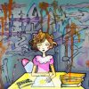 Little girl by her working table drawing sunshine. Horror surrounding. Watercolor drawing