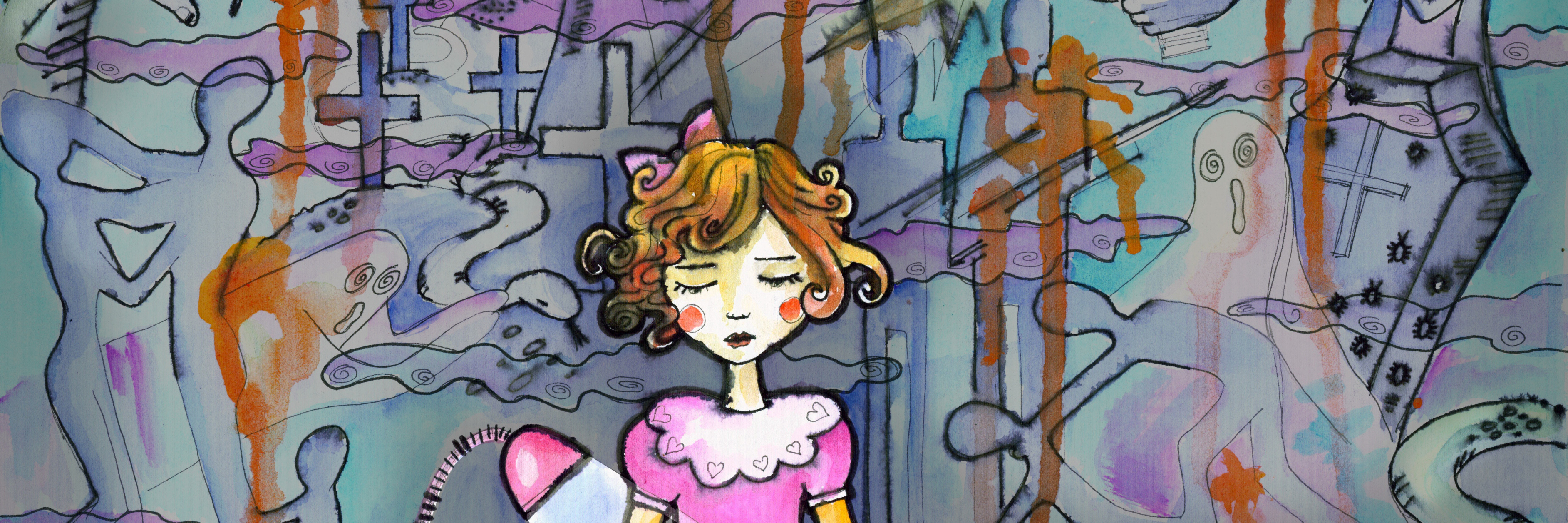 22 Things I Do Now Because I Experienced Emotional Abuse as a Child Little girl by her working table drawing sunshine. Horror surrounding. Watercolor drawing