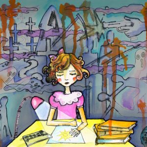 Little girl by her working table drawing sunshine. Horror surrounding. Watercolor drawing