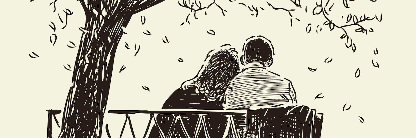 Illustration of couple sitting on bench next to tree with falling leaves, with woman's head resting on man's shoulder