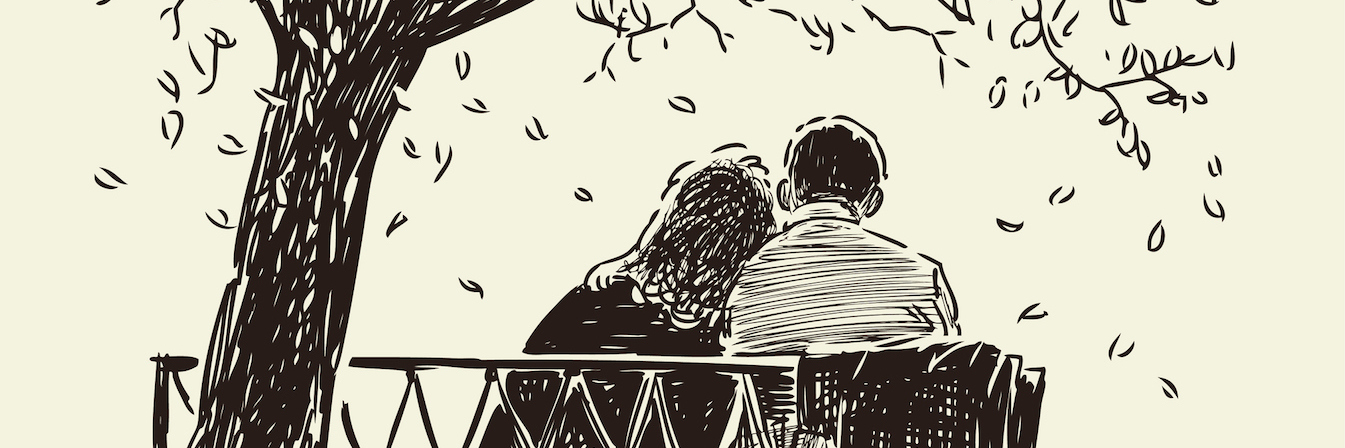 Anxiety: Feeling Guilty About Money Spent on My Healthcare Illustration of couple sitting on bench next to tree with falling leaves, with woman's head resting on man's shoulder