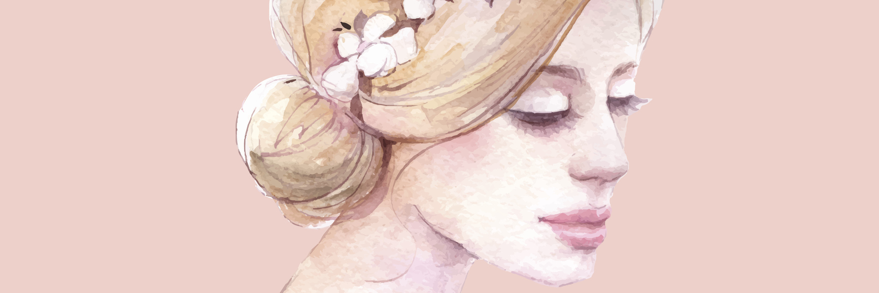 A water color illustration of a woman, wearing a flower headband.