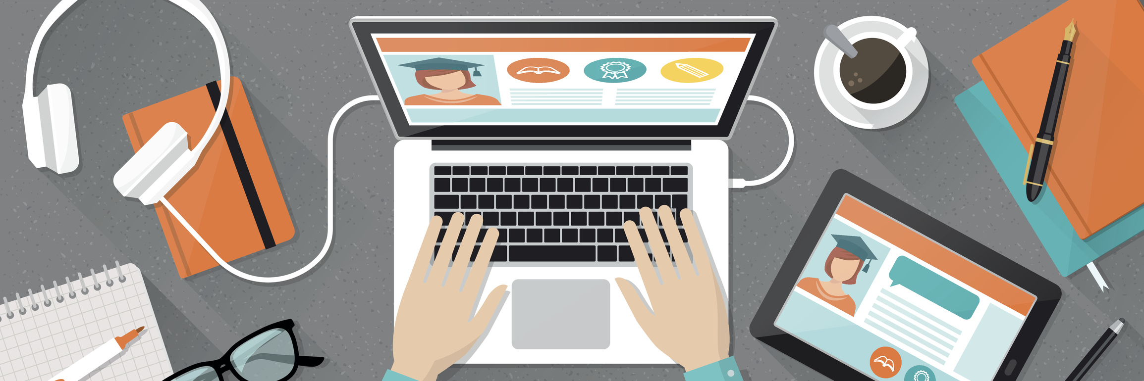 How Having a Mental Illness Affects My Grad School Studies E-learning, education and university banner, student's desktop with laptop, books and hands, top view