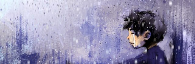 digital painting of sad boy with bouquet in rainy day, acrylic on canvas texture
