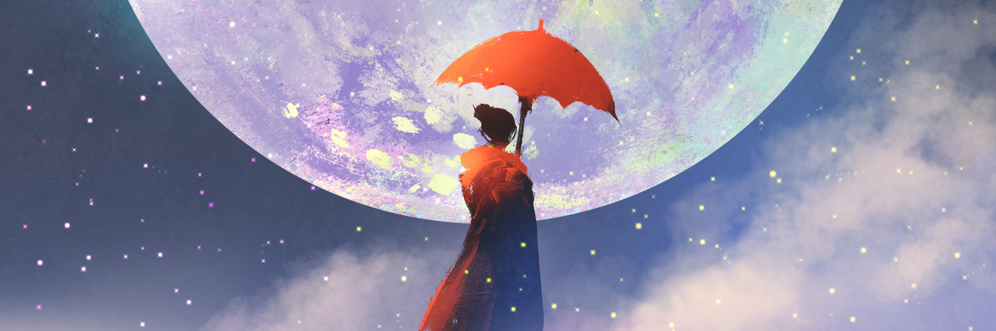 illustration of a woman holding a red umbrella and standing in front of the moon