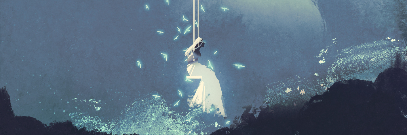 How I'm Learning to Release My Anxious Inner Critic woman on a swing under night sky with stars and clouds,illustration painting