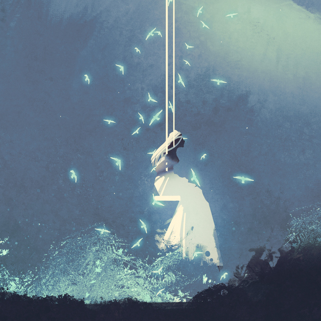 woman on a swing under night sky with stars and clouds,illustration painting