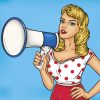 Pop art illustration of a woman with a megaphone, ready to speak out.