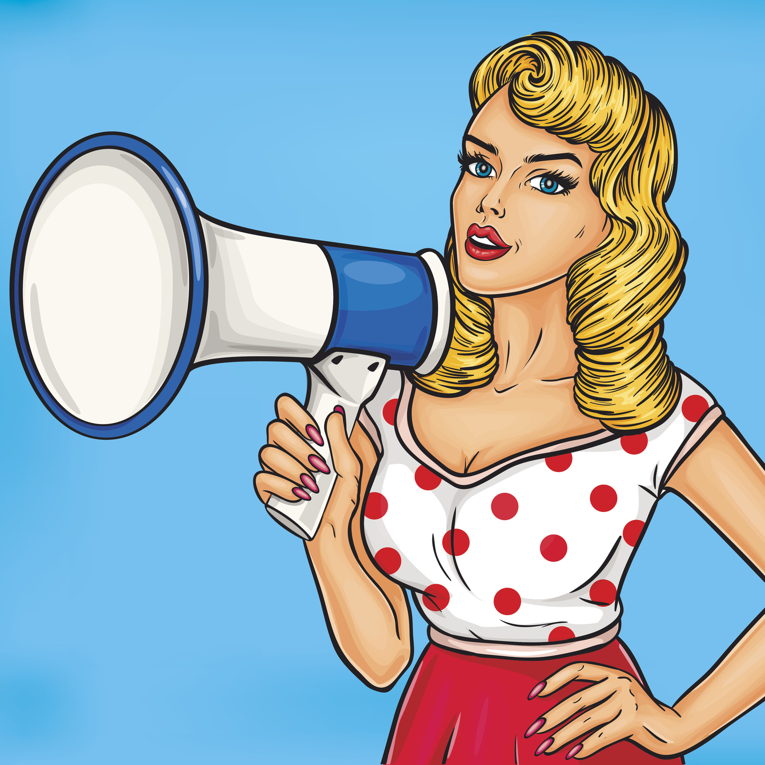 Pop art illustration of a woman with a megaphone, ready to speak out.