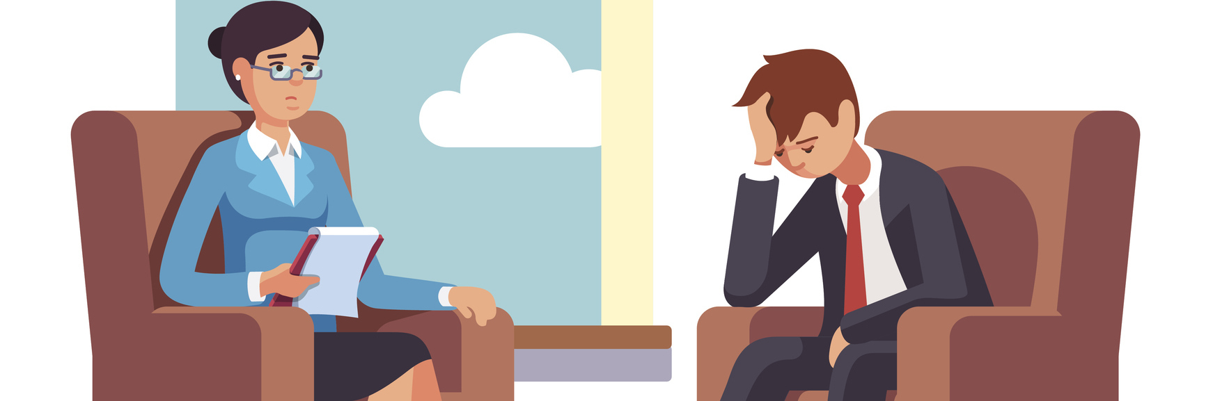 5 Myths About Therapy Broken businessman talking to psychologist. Psychotherapy counseling. Business man dealing with stress. Flat style modern vector illustration.