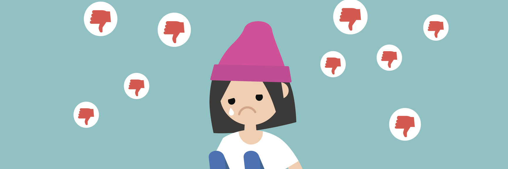 Anxiety Is the 'Mean Girl' Who Lives in My Head Upset crying girl sitting and hugging her knees surrounded by the dislike symbols / editable flat vector illustration, clip art