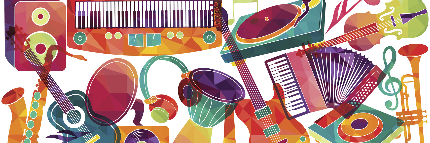 Drawing of colorful musical instruments including saxophone, guitar, accordion, piano.