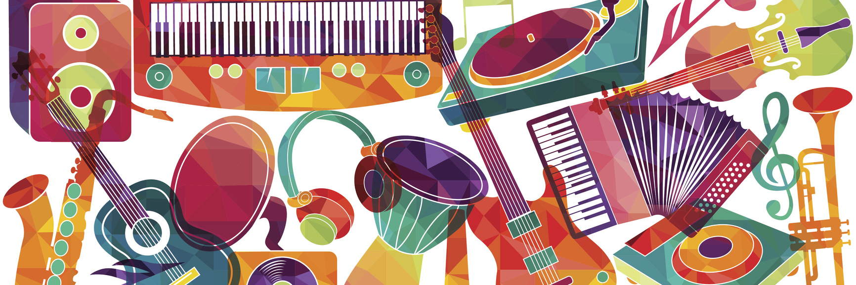 Music Teaches Children With Disabilities Skills for Success Drawing of colorful musical instruments including saxophone, guitar, accordion, piano.