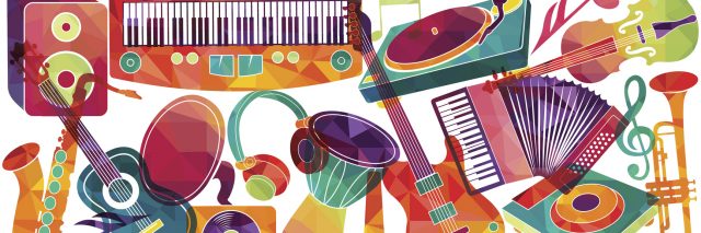 Drawing of colorful musical instruments including saxophone, guitar, accordion, piano.