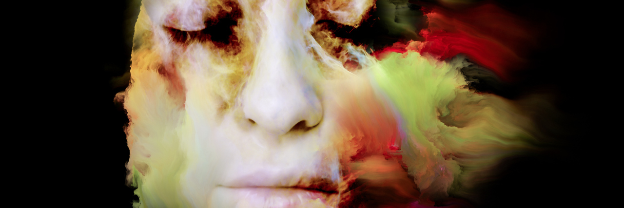 Interplay of fractal paint and female face on the subject of dreams, imagination and inner life