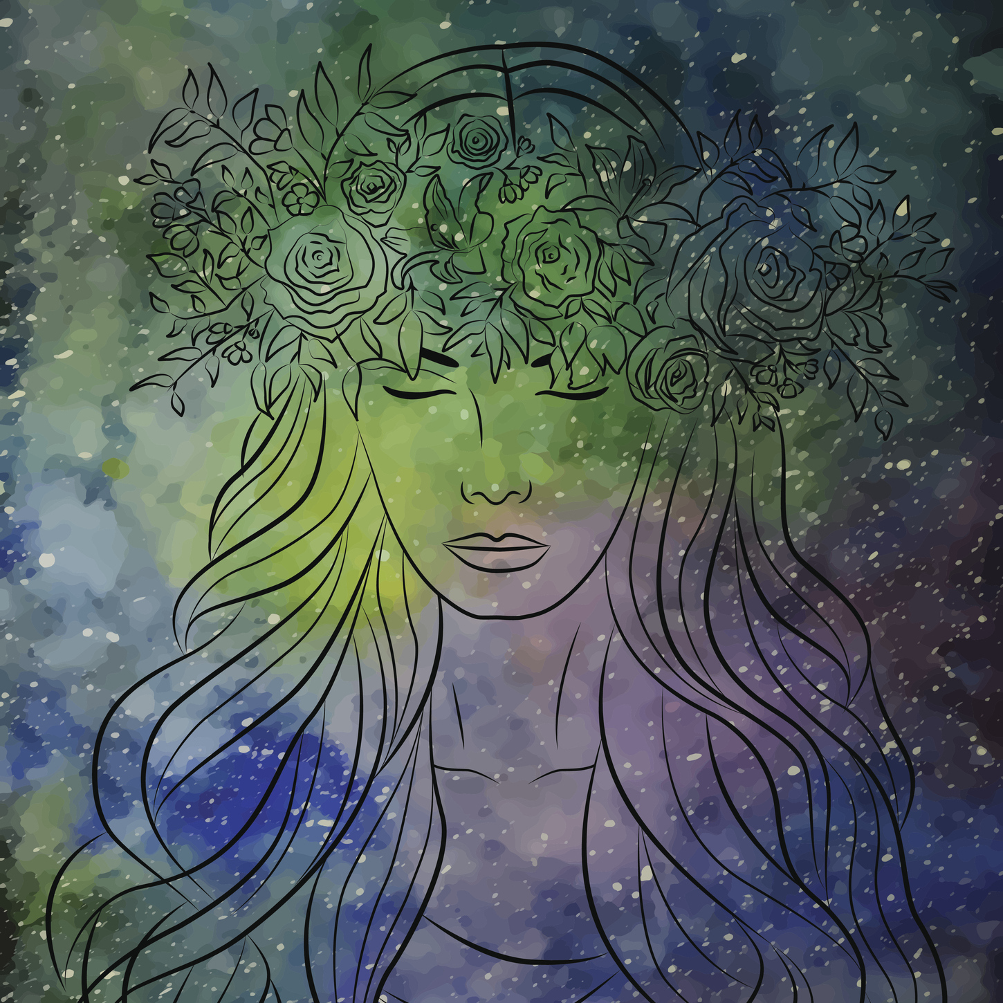 outline of a woman wearing a flower crown against a night sky with lots of stars