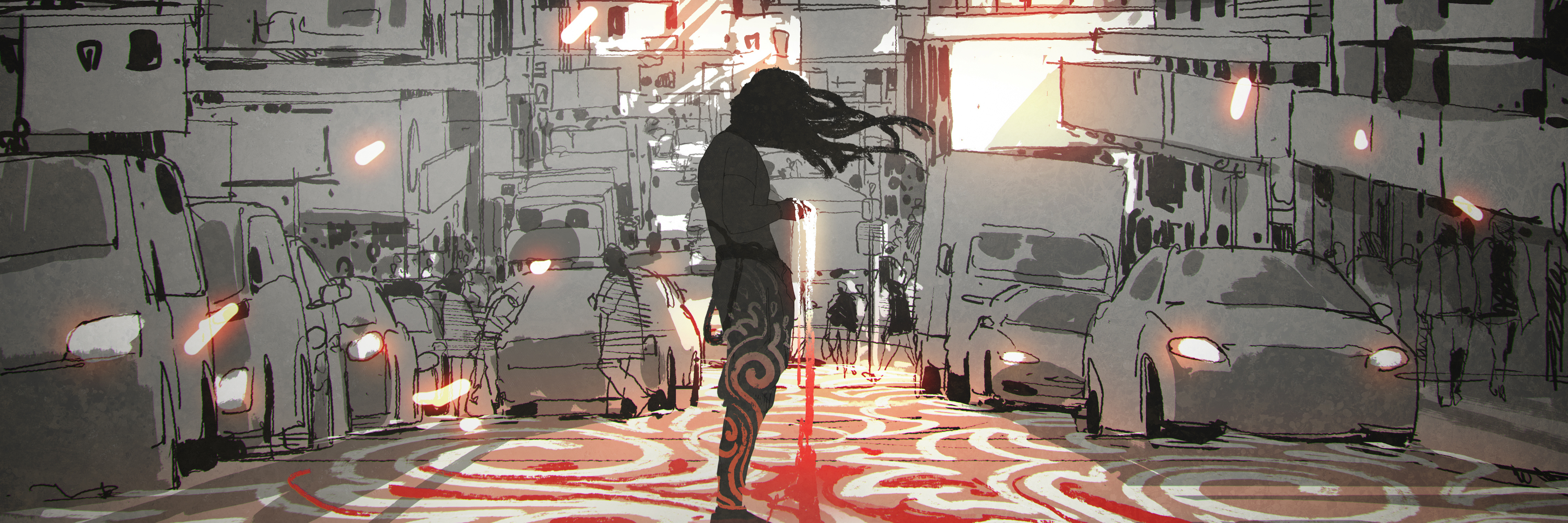 3 Reasons I'm Afraid to Admit I Have PTSD man with long hair standing in city with graphic pattern on street, digital art style, illustration painting