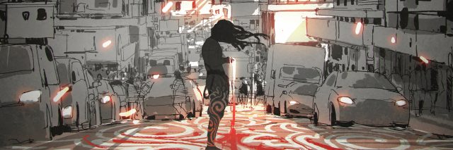 man with long hair standing in city with graphic pattern on street, digital art style, illustration painting