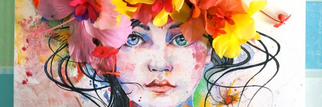 watercolor painting of a woman with flowers placed on top of her head
