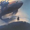 giant fish floating in the sky above man in black cloak, digital art style, illustration painting
