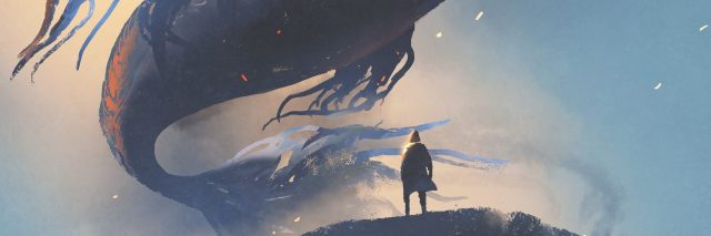 giant fish floating in the sky above man in black cloak, digital art style, illustration painting