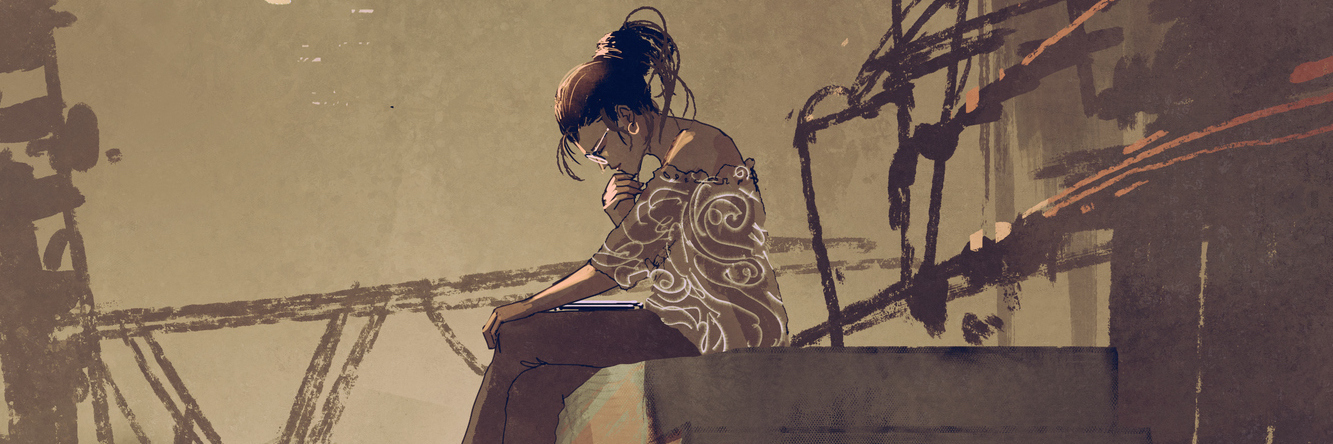 3 Things You Shouldn't Say to Someone With Depression woman reading a book and sitting on stairs against industrial buildings background, digital art style, illustration painting