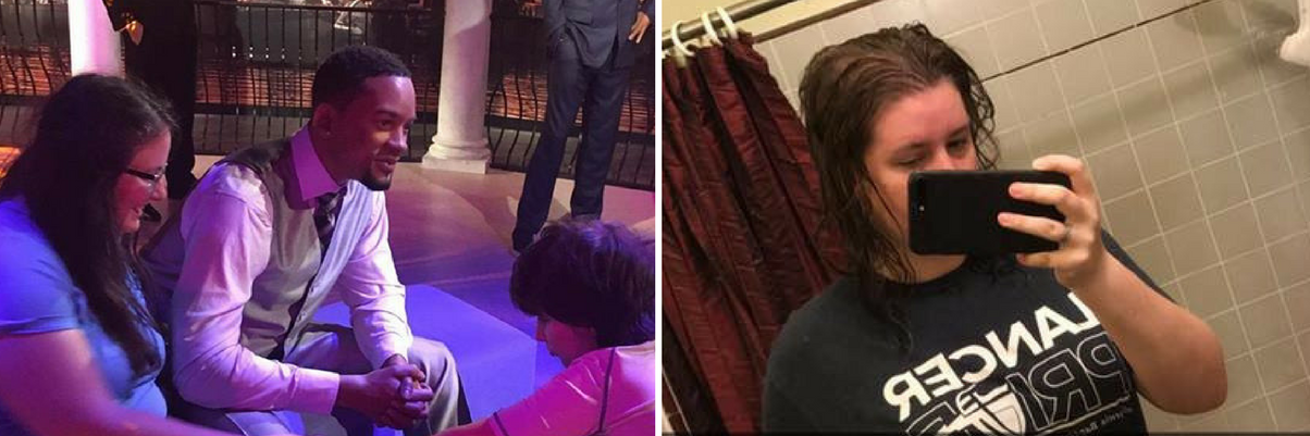 26 Photos People With Invisible Illness Want to Post, but Don't photo of mother and her son meeting will smith on a make-a-wish trip next to a photo of a girl taking a picture of her back brace under her shirt