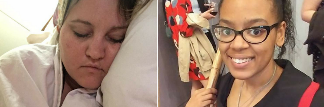 photo of a woman sleeping in bed next to a photo of a woman smiling and holding her staff
