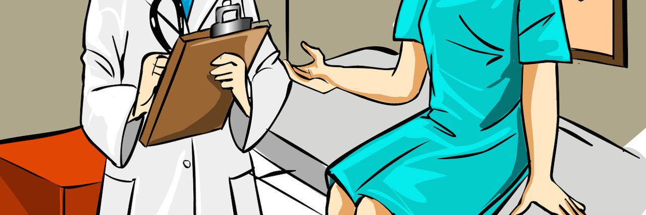 doctor with clipboard talking to patient on exam table